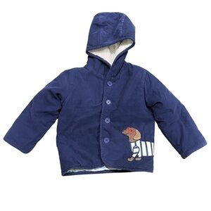Baby Boden Blue Dachsund Animal Puffer Jacket 6-12 Months Fleece Hood